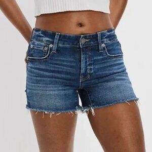 American Eagle Midi Super Stretch Raw Hem Cutout Jean Denim Shorts